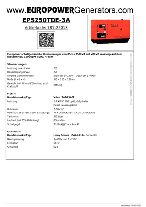 Generatoare de curent diesel Europower EPS250TDE-3A (LS)