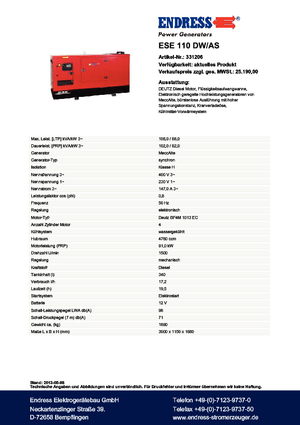 Generatoare de curent diesel Endress ESE 110 DW-AS