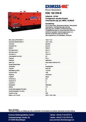 Generatoare de curent diesel Endress ESE 150 DW-B