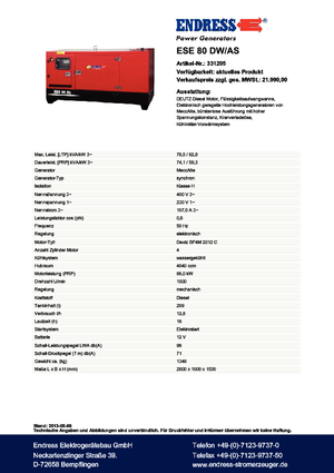 Generatoare de curent diesel Endress ESE 80 DW-AS