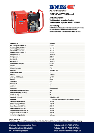 Generatoare de curent diesel Endress ESE 604 DYS DI
