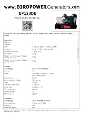 Generatoare de curent diesel Europower EP123DE (S)