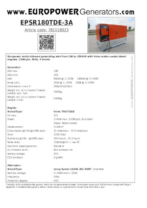 Generatoare de curent diesel Europower EPSR180TDE-3A (LS)