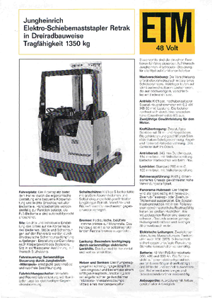 Stivuitoare electrice cu catarg retractabil Jungheinrich Retrak ETM/ETV 13,5