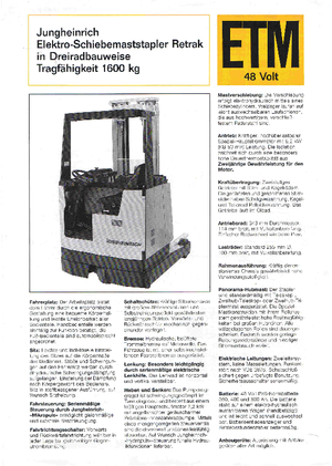 Stivuitoare electrice cu catarg retractabil Jungheinrich Retrak ETM/ETV 16