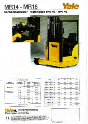 Stivuitoare electrice cu catarg retractabil Yale MR 14