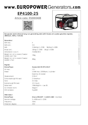 Generatoare de curent pe benzină Europower EP4100-25 (S)
