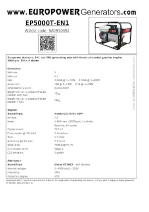 Generatoare de curent pe benzină Europower EP5000T-EN1 (S)