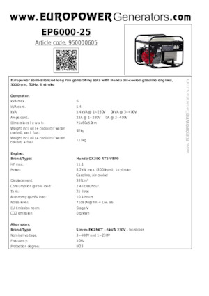 Generatoare de curent pe benzină Europower EP6000-25 (S)