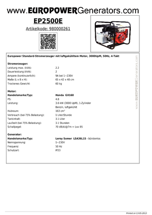 Generatoare de curent pe benzină Europower EP 2500 E (LS)