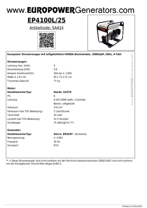 Generatoare de curent pe benzină Europower EP 4100 L