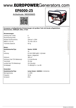 Generatoare de curent pe benzină Europower EP 6000/25 (LS)