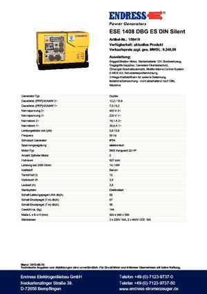 Generatoare de curent pe benzină Endress ESE 1408 DBG ES DIN Silent