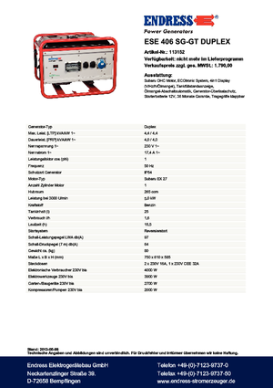 Generatoare de curent pe benzină Endress ESE 406 SG-GT Duplex