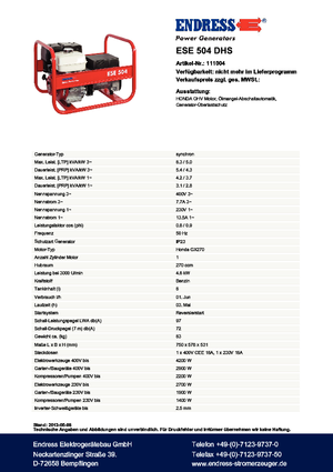 Generatoare de curent pe benzină Endress ESE 504 DHS