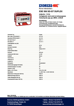 Generatoare de curent pe benzină Endress ESE 506 SG-GT Duplex