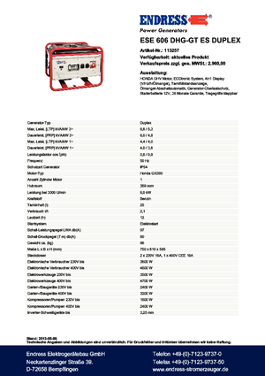 Generatoare de curent pe benzină Endress ESE 606 DHG-GT ES Duplex