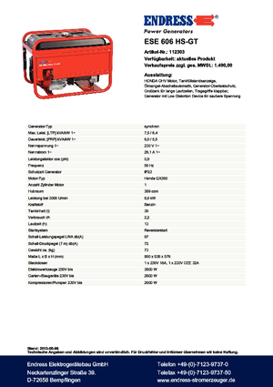 Generatoare de curent pe benzină Endress ESE 606 HS-GT