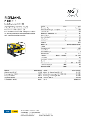 Generatoare de curent pe benzină Eisemann P 10001 E