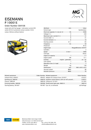 Generatoare de curent pe benzină Eisemann P 10001 E