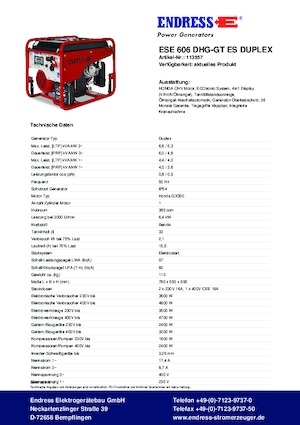 Generatoare de curent pe benzină Endress ESE 606 DHG-GT ES Duplex