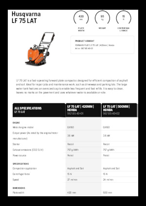 Plăci vibratoare cu o singură direcție Husqvarna LF 75 LAT