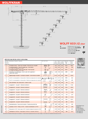 Macalare turn - deplasare cărucior pe braț - rotire în partea superioară Wolffkran 6031.12 clear