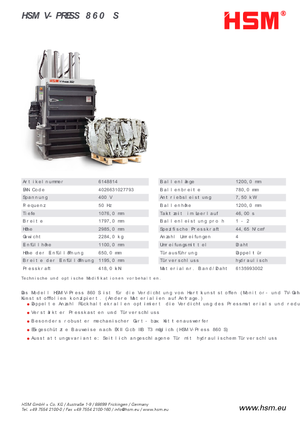 Prese pentru deșeuri HSM V-Press 860 S